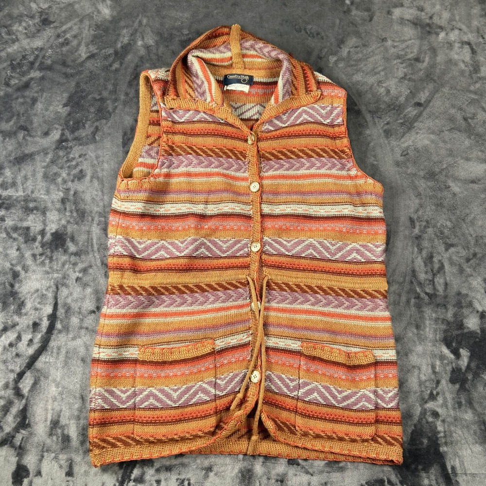 Country Shop Sweater Vest Womens M Orange Multi Color Hooded Fair Isle Wool 4560